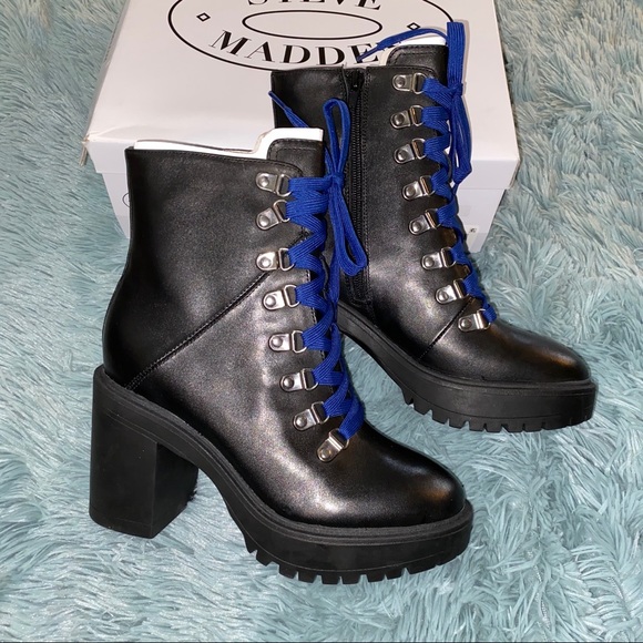New Steve Madden Black Leather Royce Combat Boots - Picture 2 of 8